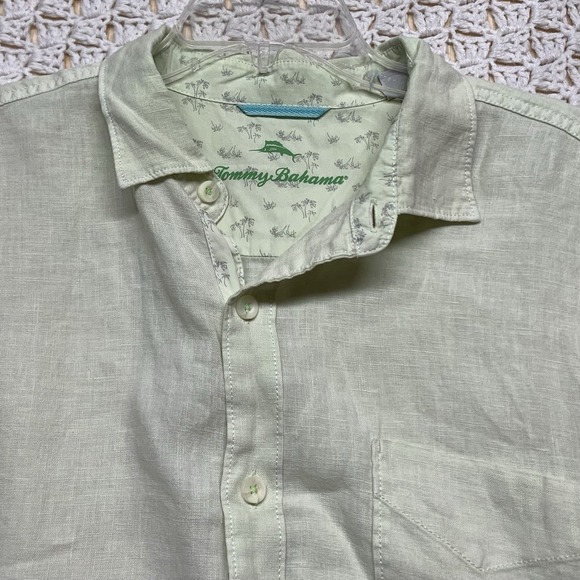 Tommy Bahama 100% Linen Shirt Men Large Green Short Sleeve Knit Collared - Picture 1 of 8